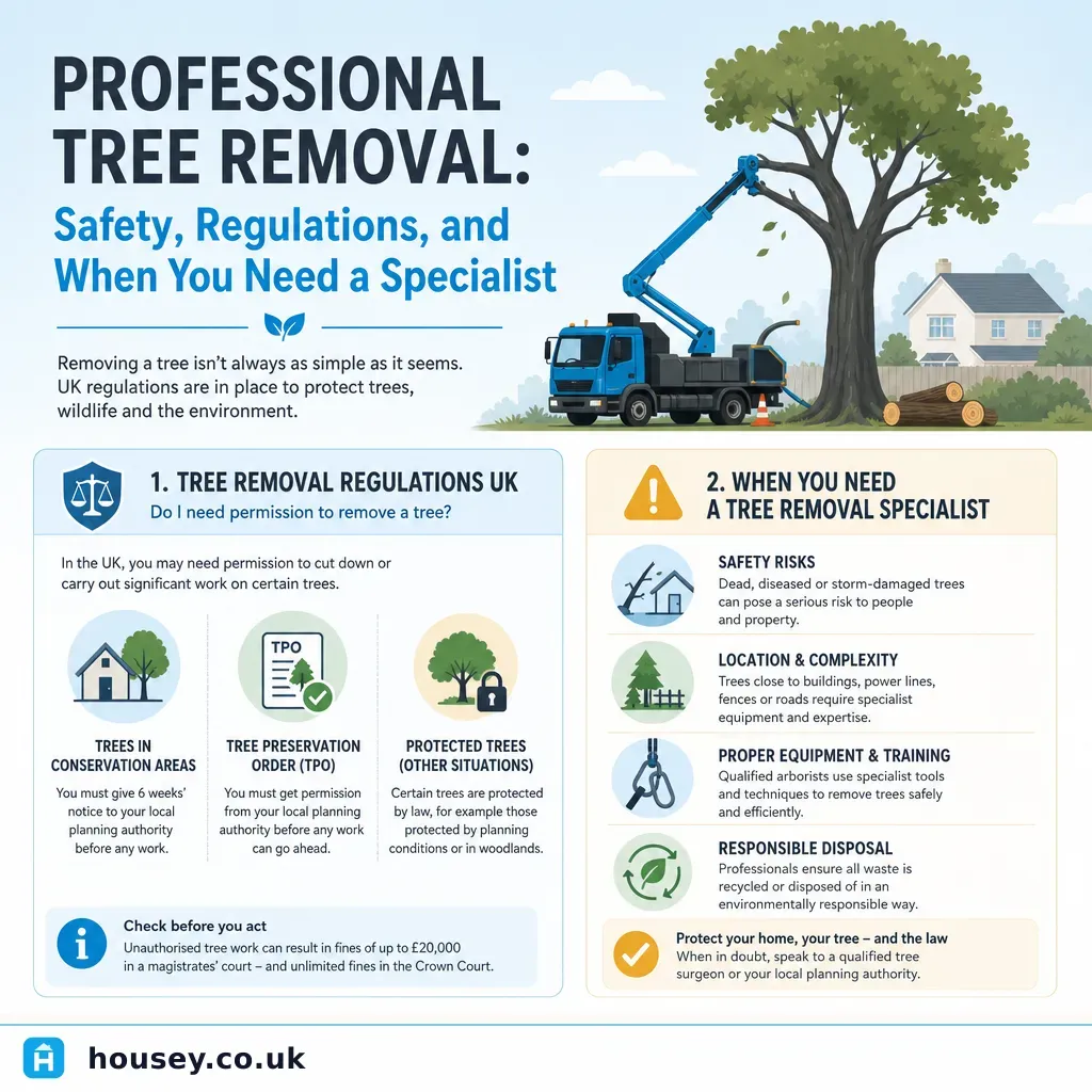 Infographic illustrating: Professional Tree Removal: Safety, Regulations, and When You Need a Specialist