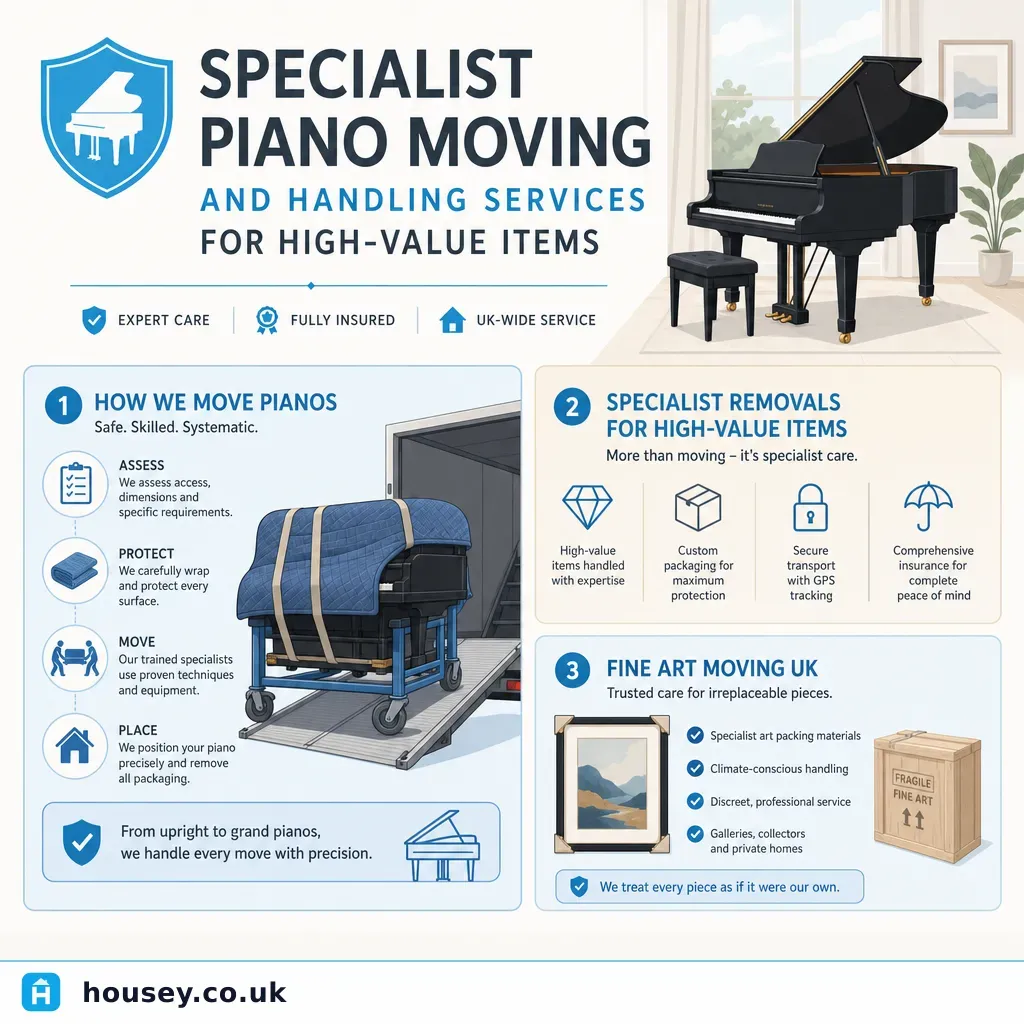 Infographic illustrating: Specialist Piano Moving and Handling Services for High-Value Items