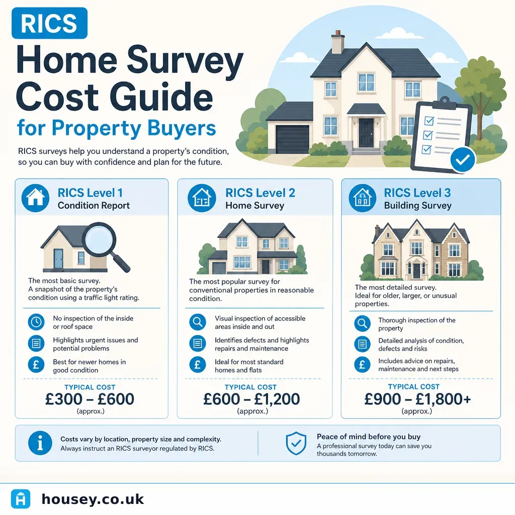 Infographic illustrating: RICS Home Survey Cost Guide for Property Buyers