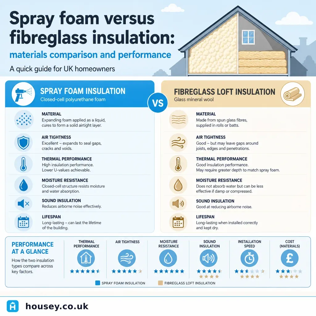 Infographic illustrating: Spray foam versus fibreglass insulation: materials comparison and performance