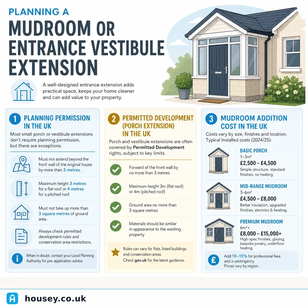 Infographic illustrating: Planning a Mudroom or Entrance Vestibule Extension