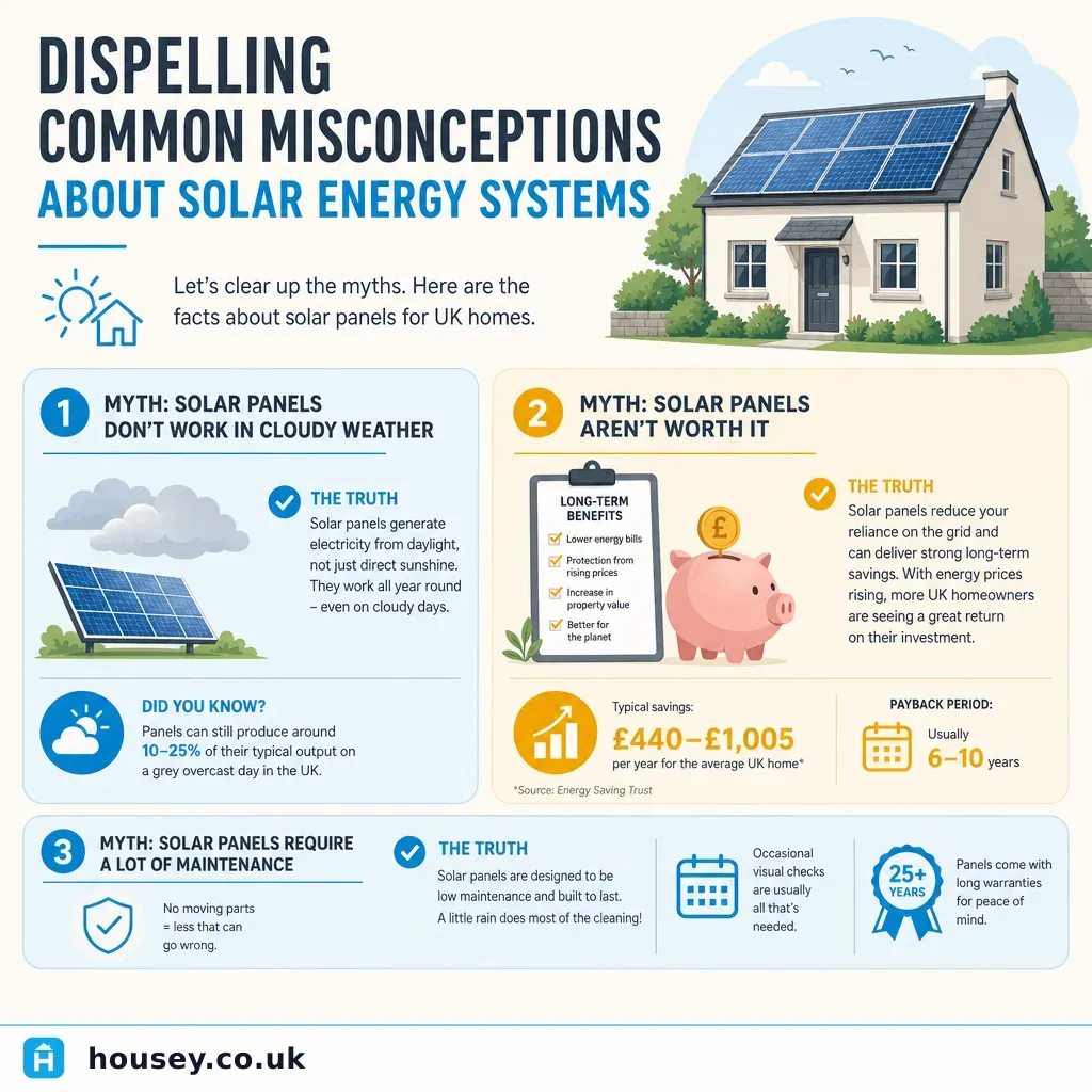 Infographic illustrating: Dispelling Common Misconceptions About Solar Energy Systems