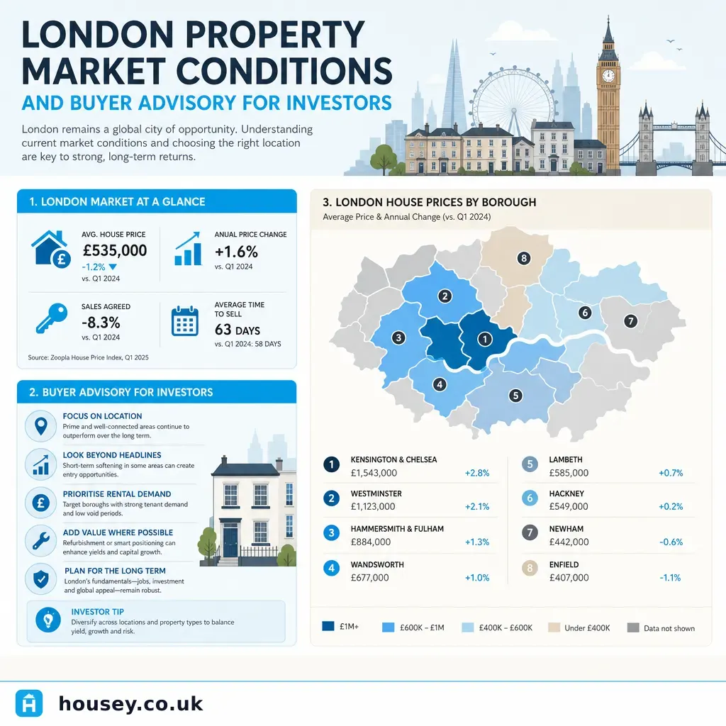 Infographic illustrating: London Property Market Conditions And Buyer Advisory For Investors