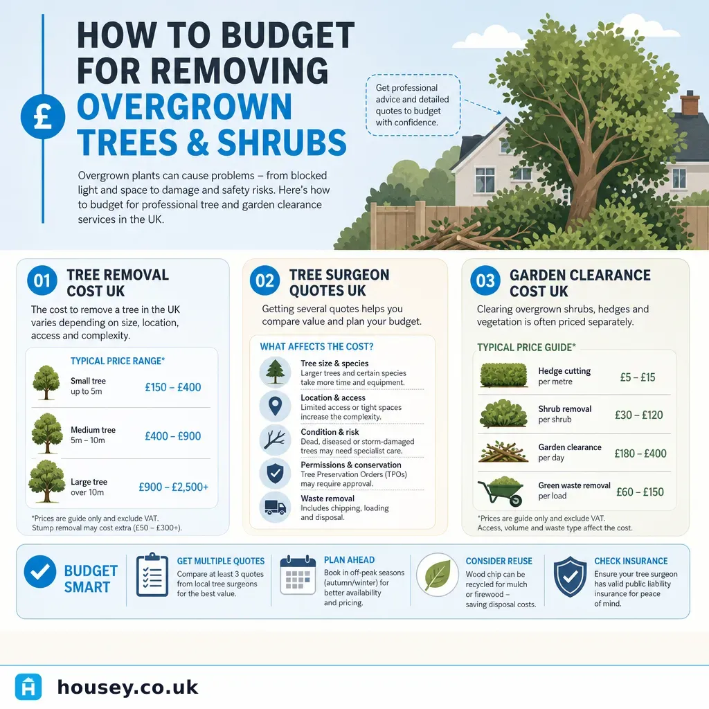 Infographic illustrating: How to budget for removing overgrown trees and shrubs