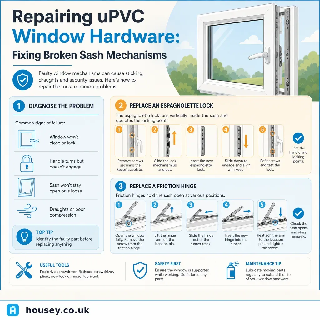 Infographic illustrating: Repairing uPVC Window Hardware: Fixing Broken Sash Mechanisms