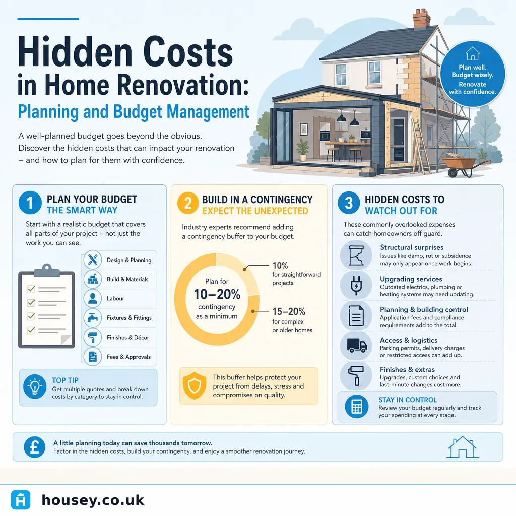Infographic illustrating: Hidden Costs in Home Renovation: Planning and Budget Management