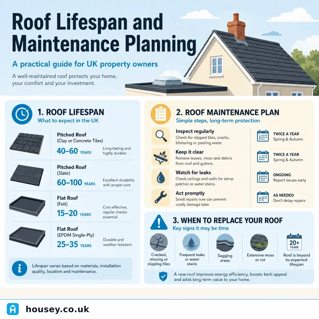 Infographic illustrating: Roof Lifespan and Maintenance Planning for Property Owners
