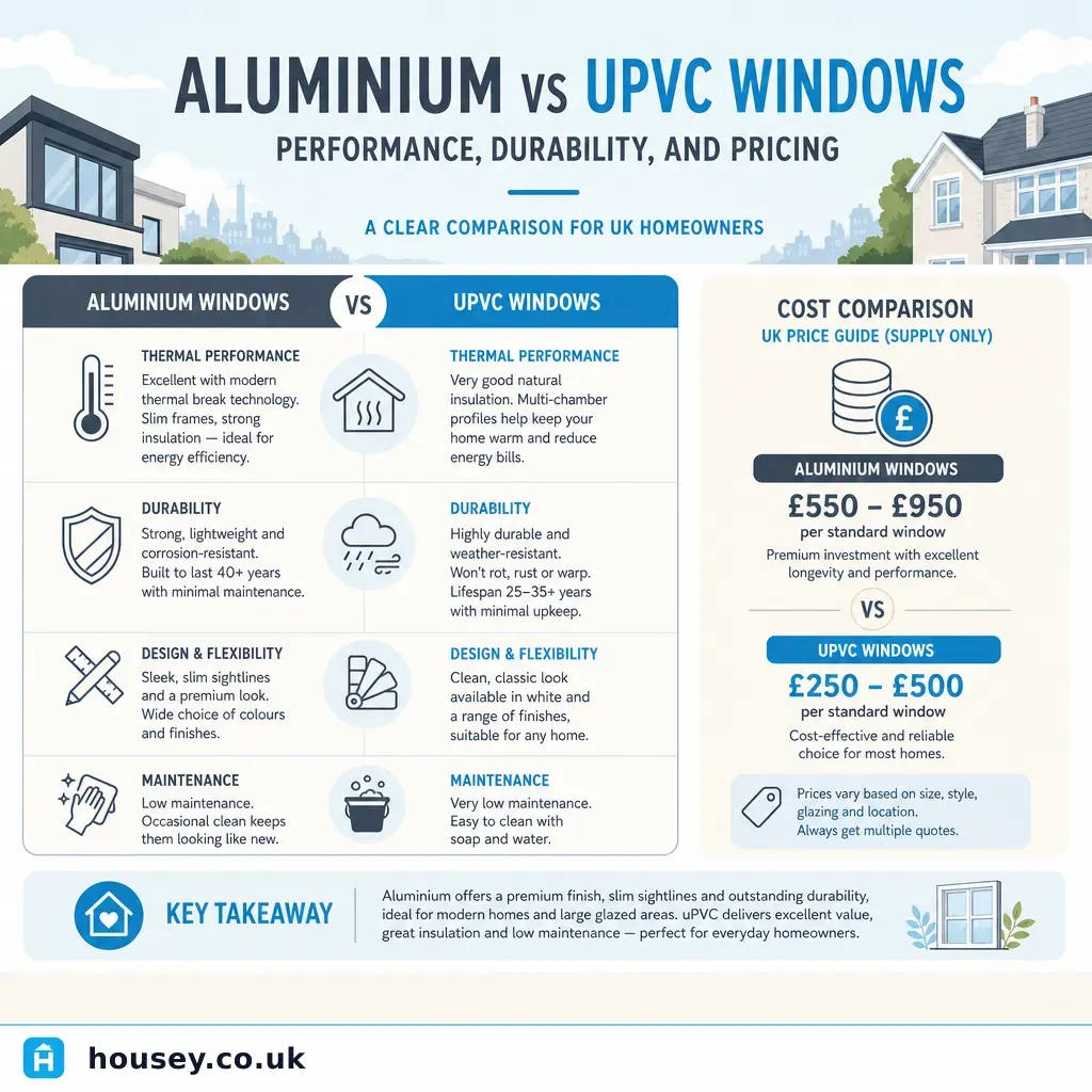 Infographic illustrating: Aluminium vs UPVC Windows: Performance, Durability, and Pricing