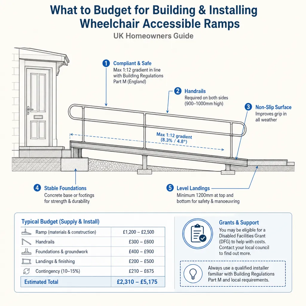 Diagram illustrating: What to budget for building and installing wheelchair accessible ramps