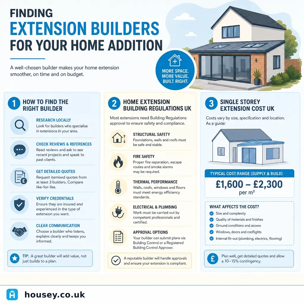 Infographic illustrating: Finding Extension Builders For Your Home Addition