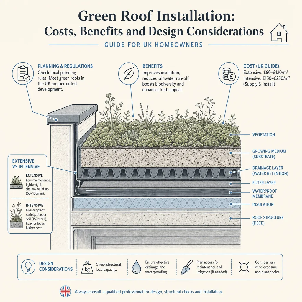 Diagram illustrating: Green Roof Installation: Costs, Benefits and Design Considerations