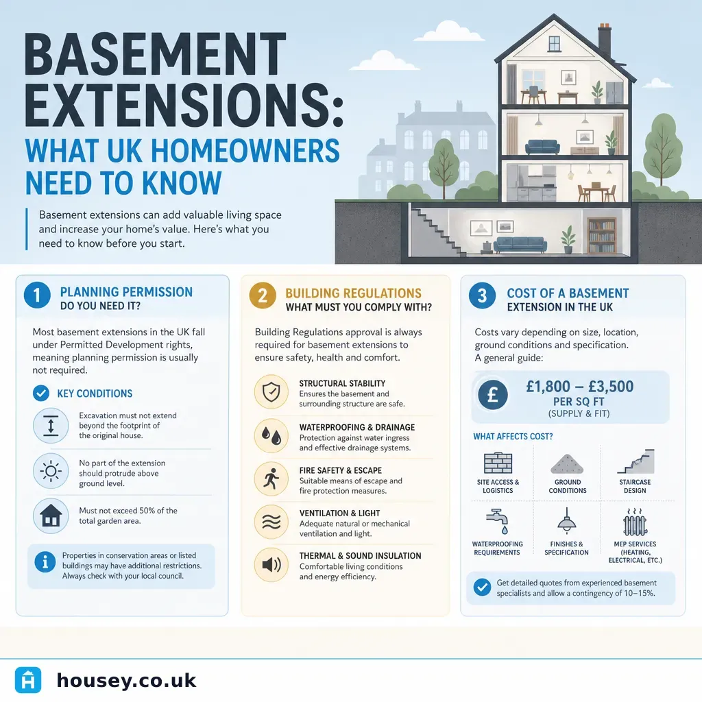 Infographic illustrating: Basement Extensions: What UK Homeowners Need to Know