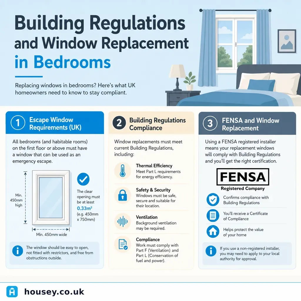 Infographic illustrating: Building Regulations and Window Replacement in Bedrooms