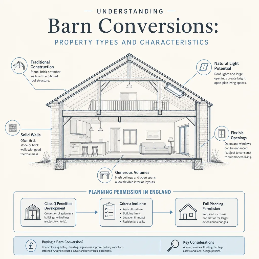 Diagram illustrating: Understanding Barn Conversions: Property Types and Characteristics
