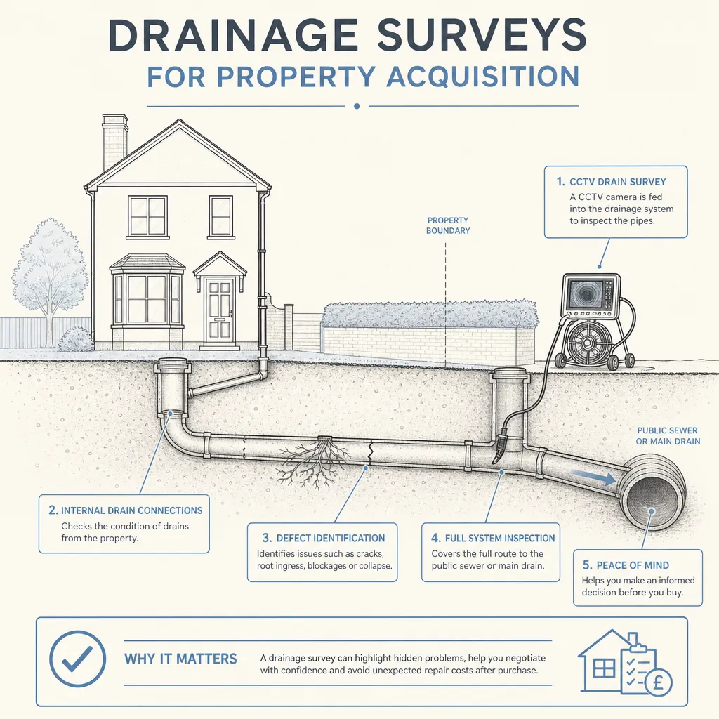 Diagram illustrating: Drainage Surveys for Property Acquisition