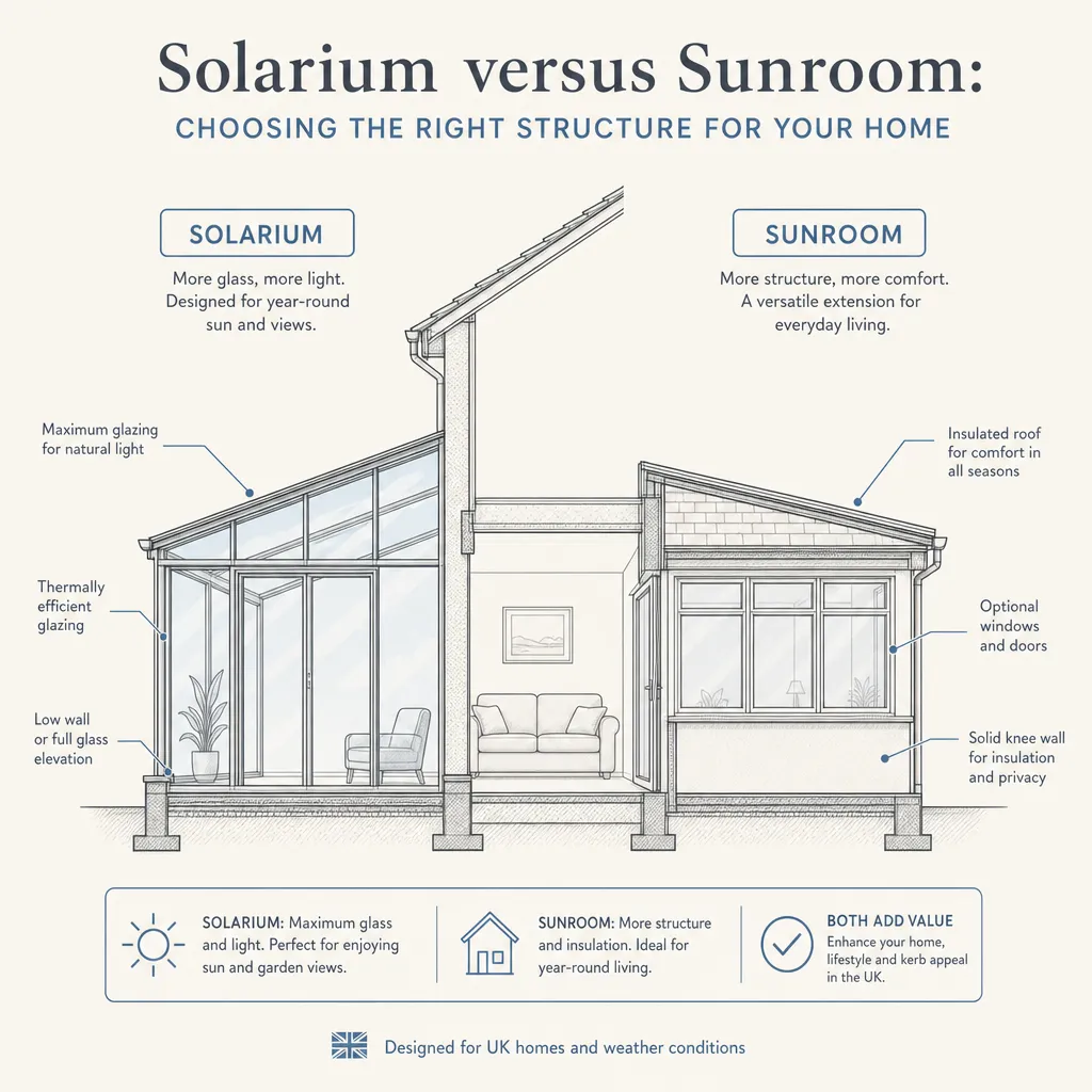 Diagram illustrating: Solarium versus sunroom: choosing the right structure for your home
