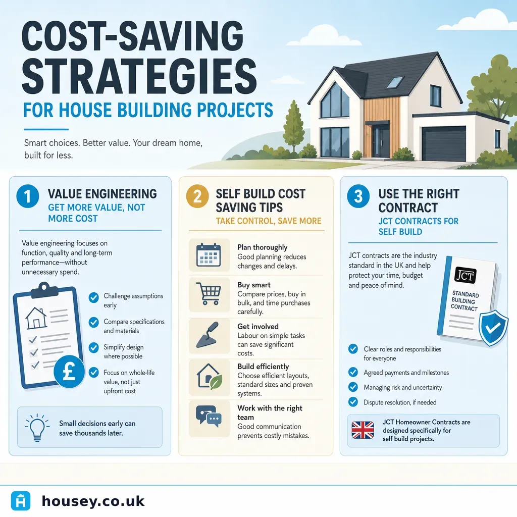 Infographic illustrating: Cost-Saving Strategies for House Building Projects