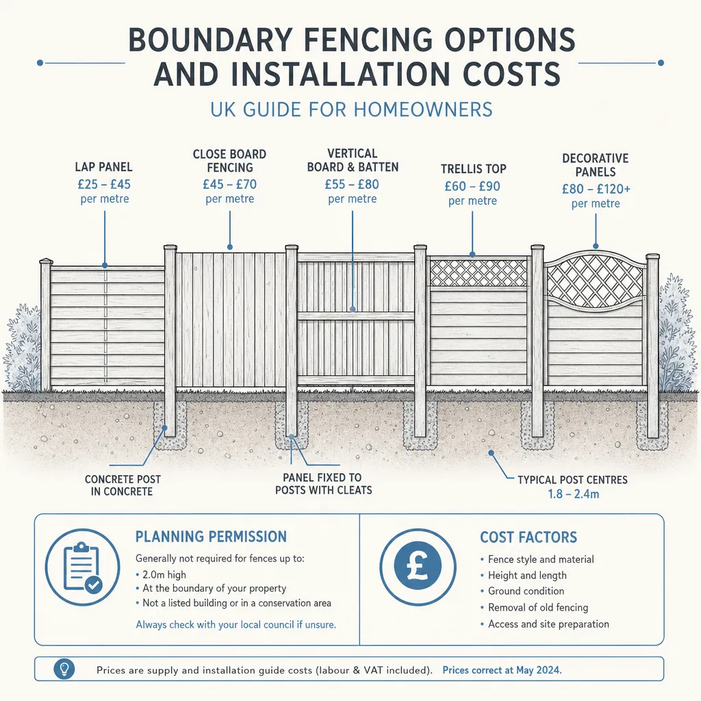 Diagram illustrating: Boundary Fencing Options and Installation Costs