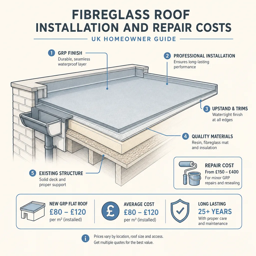 Diagram illustrating: Fibreglass Roof Installation and Repair Costs