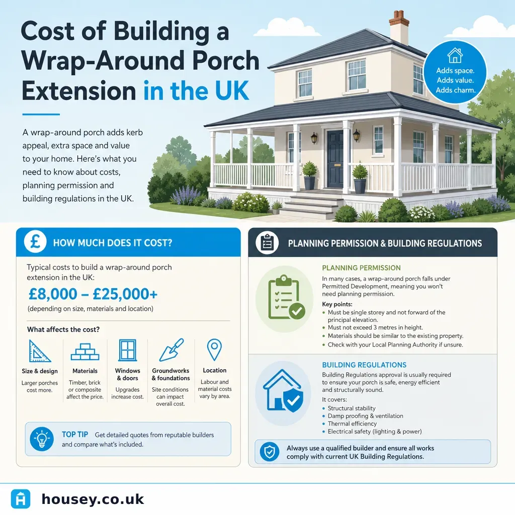 Infographic illustrating: Cost of Building a Wrap-Around Porch Extension in the UK