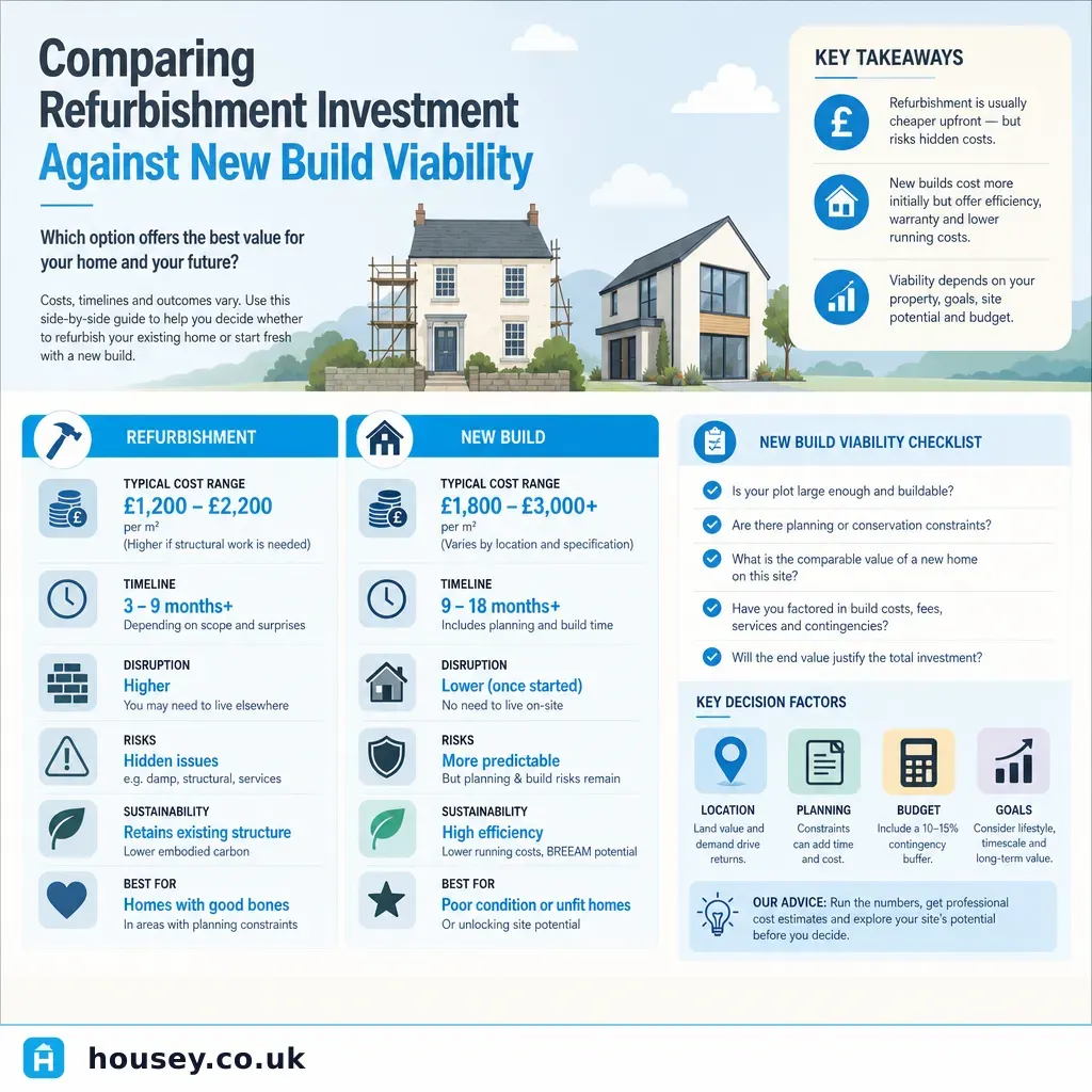Infographic illustrating: Comparing Refurbishment Investment Against New Build Viability