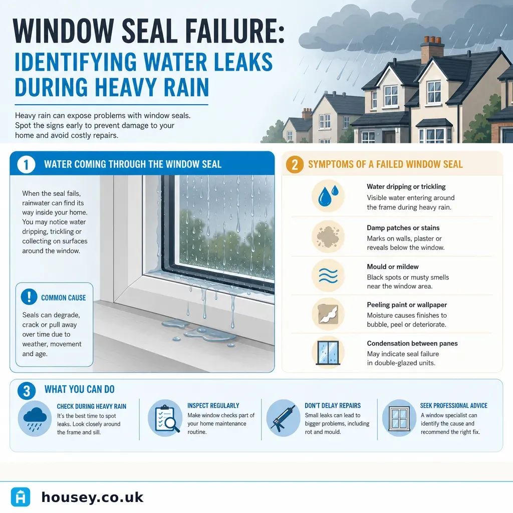 Infographic illustrating: Window Seal Failure: Identifying Water Leaks During Heavy Rain