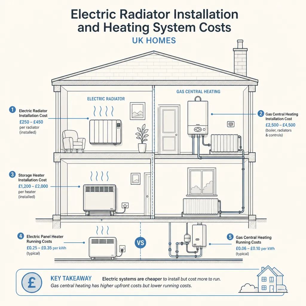 Diagram illustrating: Electric Radiator Installation and Heating System Costs
