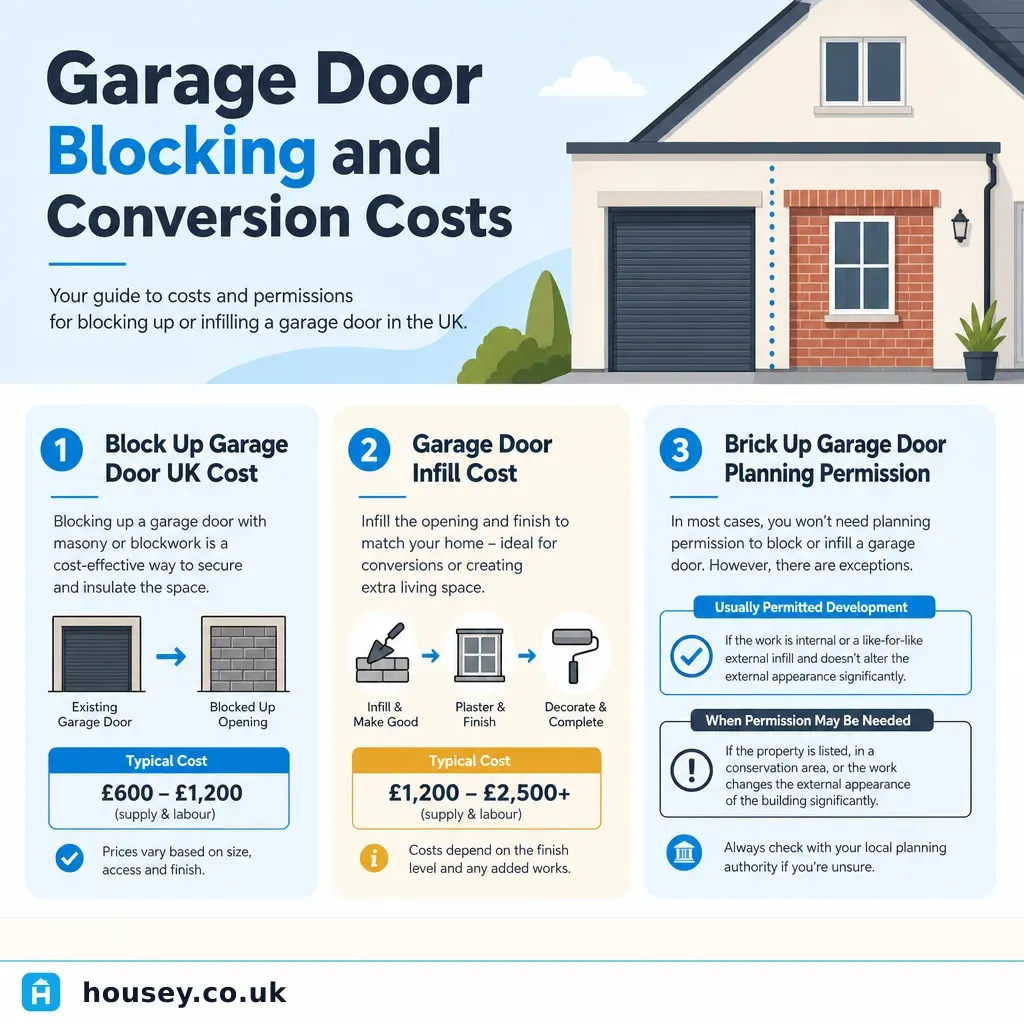 Infographic illustrating: Garage Door Blocking and Conversion Costs