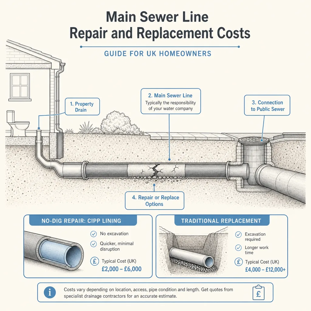 Diagram illustrating: Main Sewer Line Repair and Replacement Costs