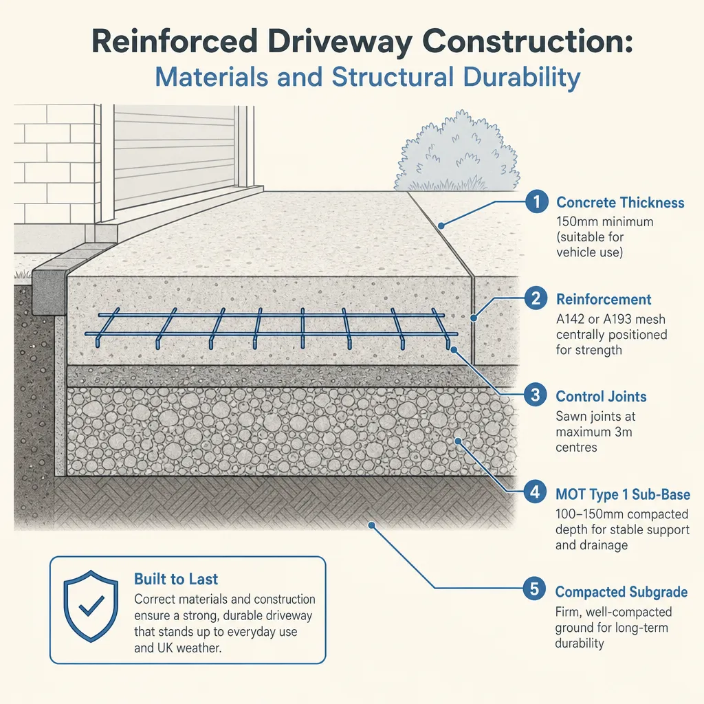 Diagram illustrating: Reinforced Driveway Construction: Materials and Structural Durability