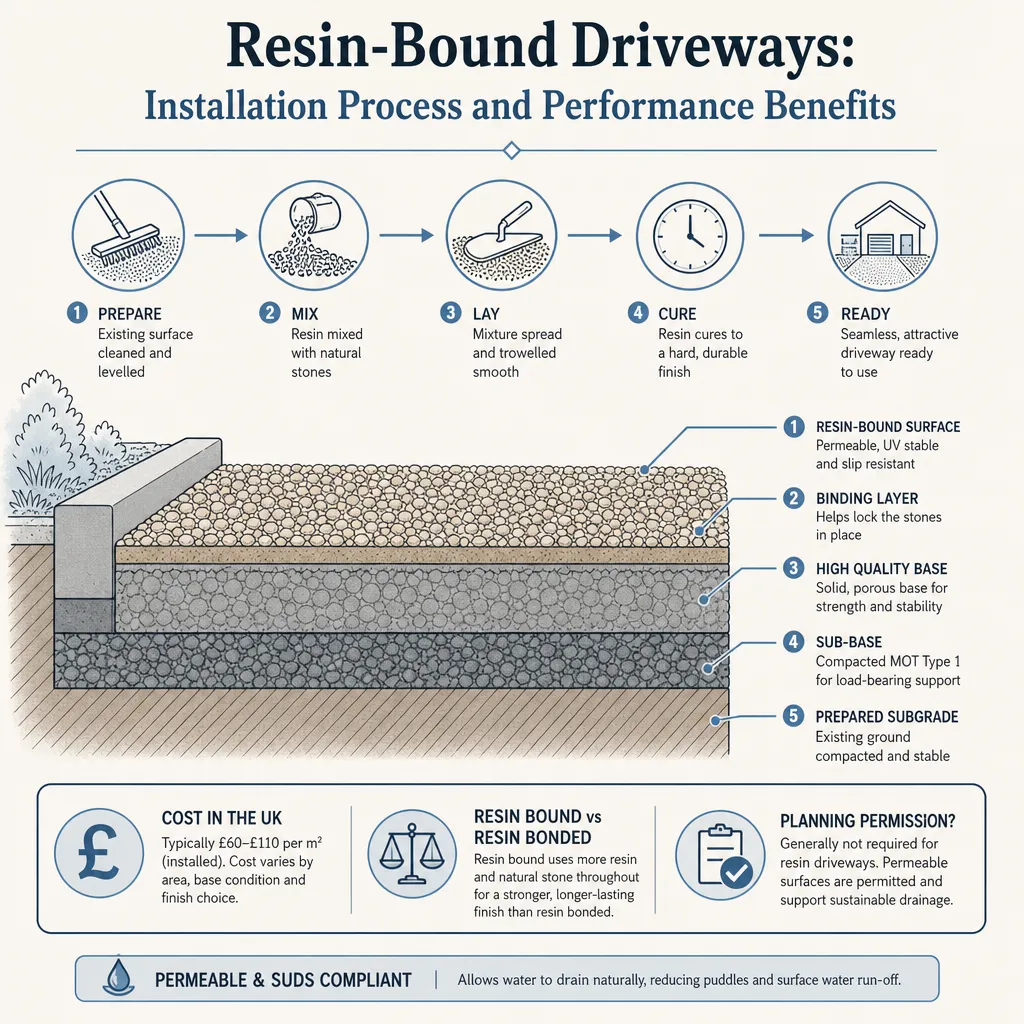 Diagram illustrating: Resin-Bound Driveways: Installation Process and Performance Benefits