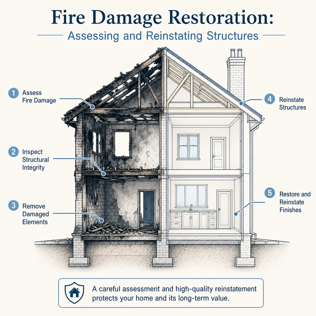 Diagram illustrating: Fire Damage Restoration: Assessing and Reinstating Structures