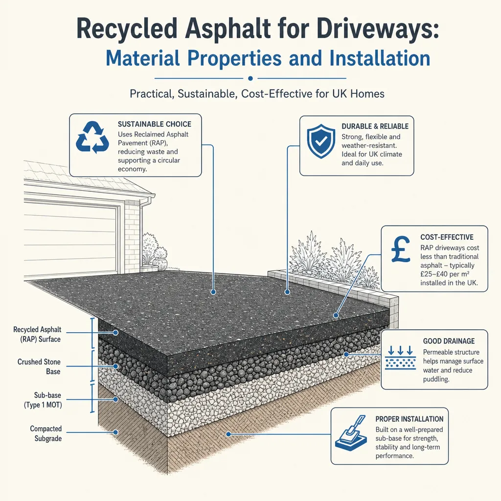 Diagram illustrating: Recycled Asphalt for Driveways: Material Properties and Installation