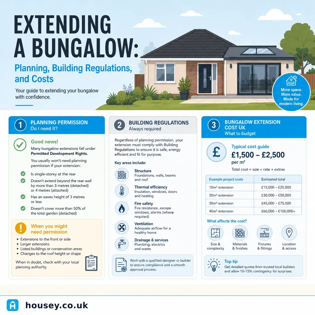 Infographic illustrating: Extending a Bungalow: Planning, Building Regulations, and Costs