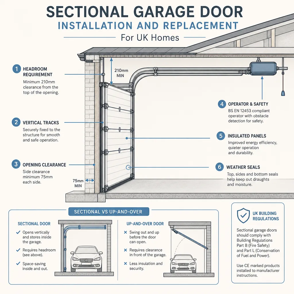 Diagram illustrating: Sectional Garage Door Installation and Replacement