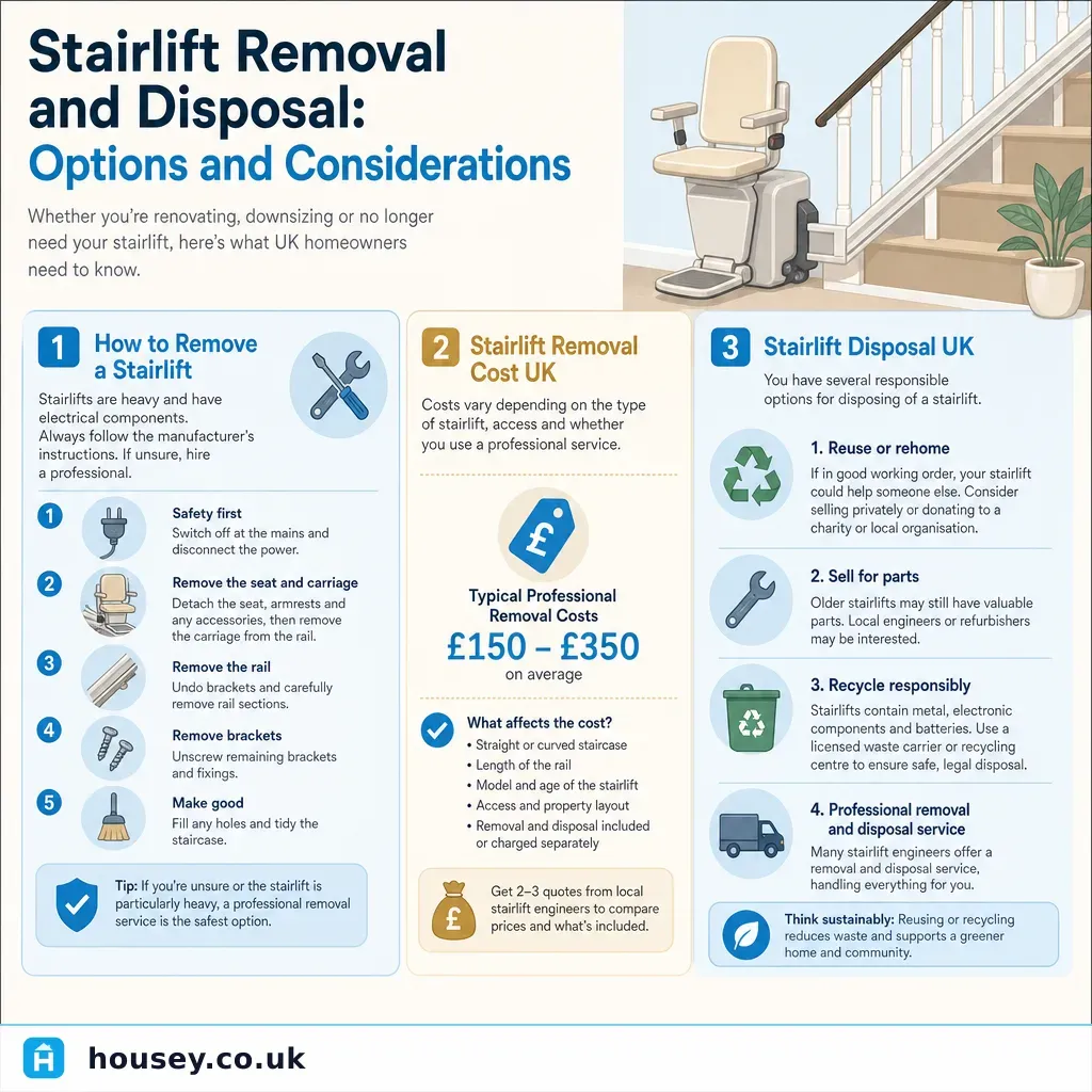 Infographic illustrating: Stairlift Removal and Disposal: Options and Considerations