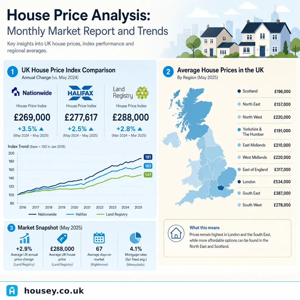 Infographic illustrating: House Price Analysis: Monthly Market Report and Trends