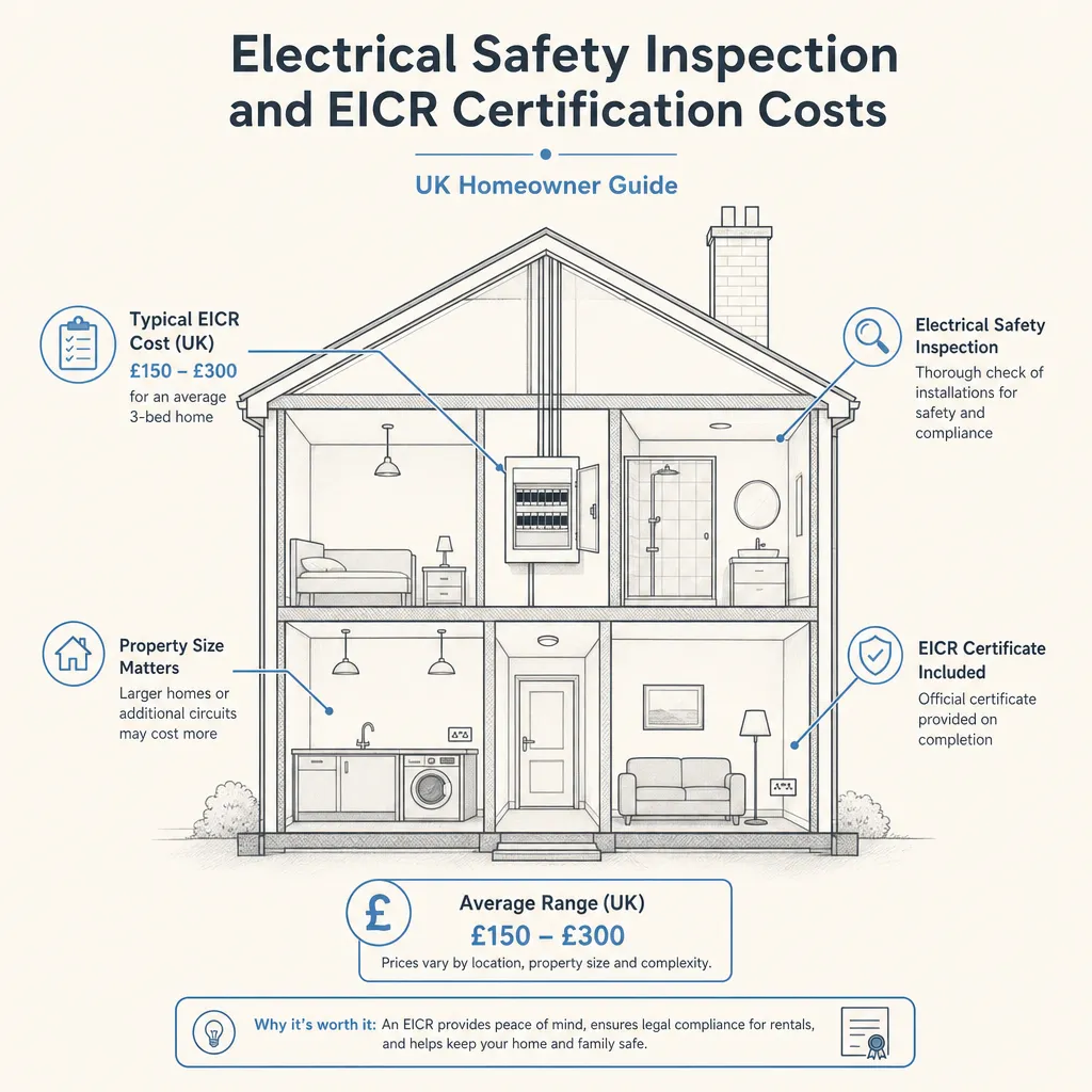 Diagram illustrating: Electrical Safety Inspection and EICR Certification Costs
