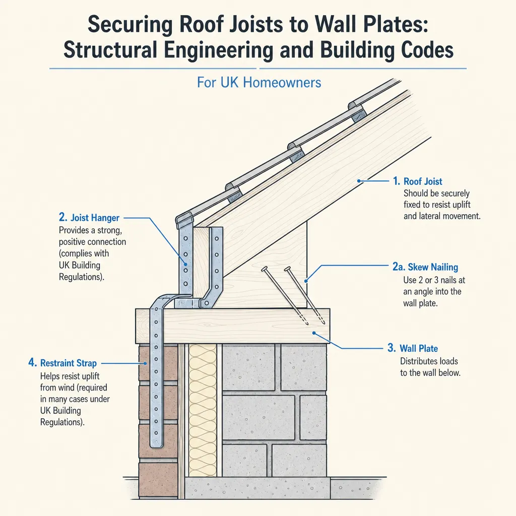 Diagram illustrating: Securing Roof Joists to Wall Plates: Structural Engineering and Building Codes