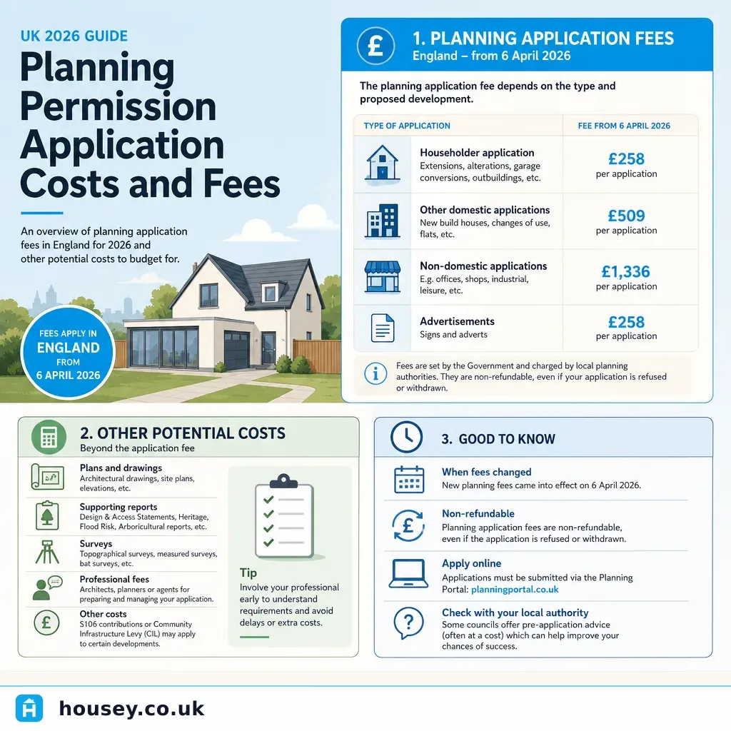 Infographic illustrating: Planning Permission Application Costs and Fees