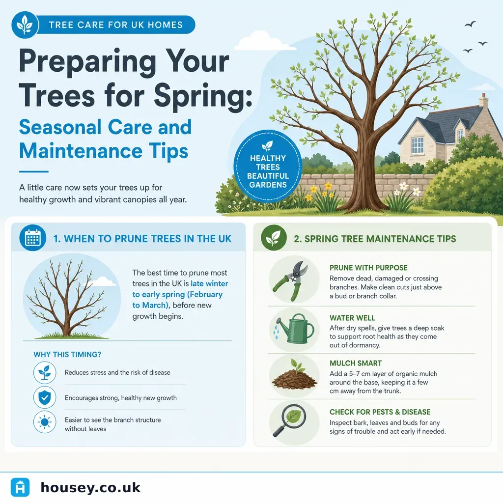 Infographic illustrating: Preparing Your Trees for Spring: Seasonal Care and Maintenance Tips