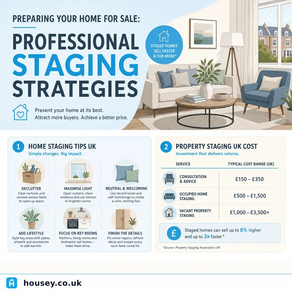 Infographic illustrating: Preparing Your Home for Sale: Professional Staging Strategies