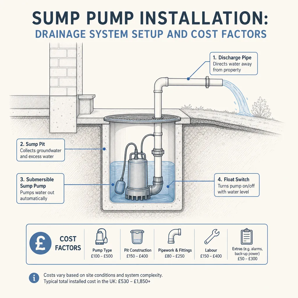 Diagram illustrating: Sump Pump Installation: Drainage System Setup and Cost Factors