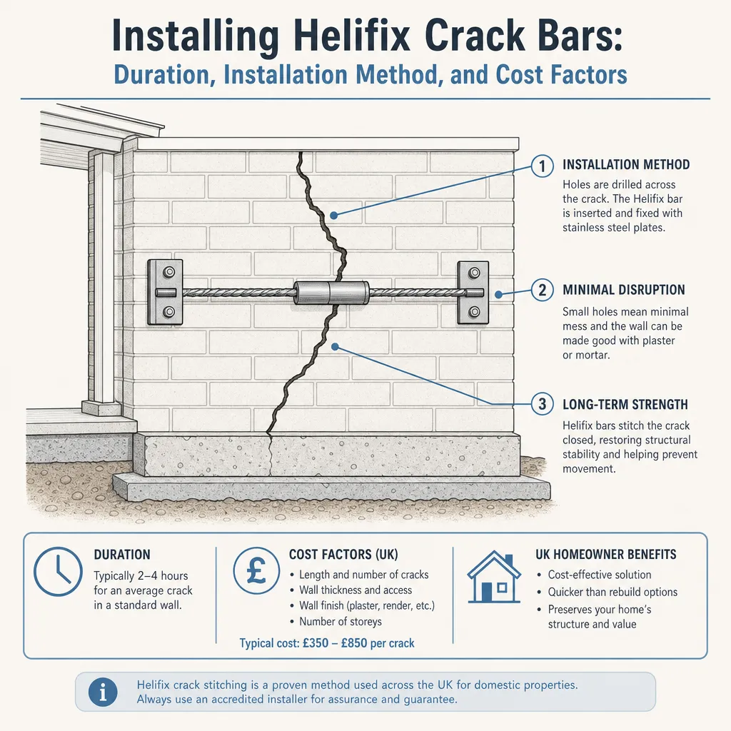 Diagram illustrating: Installing Helifix Crack Bars: Duration, Installation Method, and Cost Factors