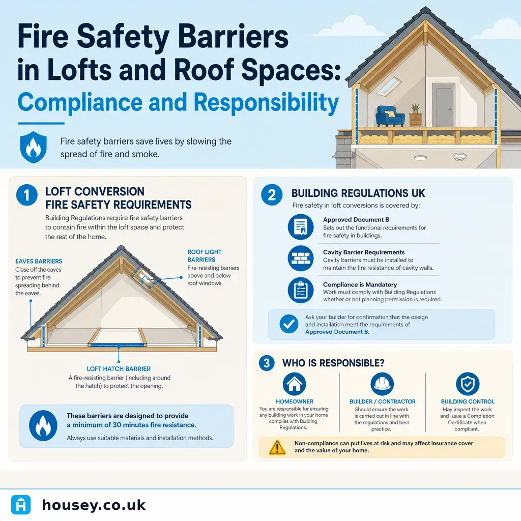 Infographic illustrating: Fire Safety Barriers in Lofts and Roof Spaces: Compliance and Responsibility