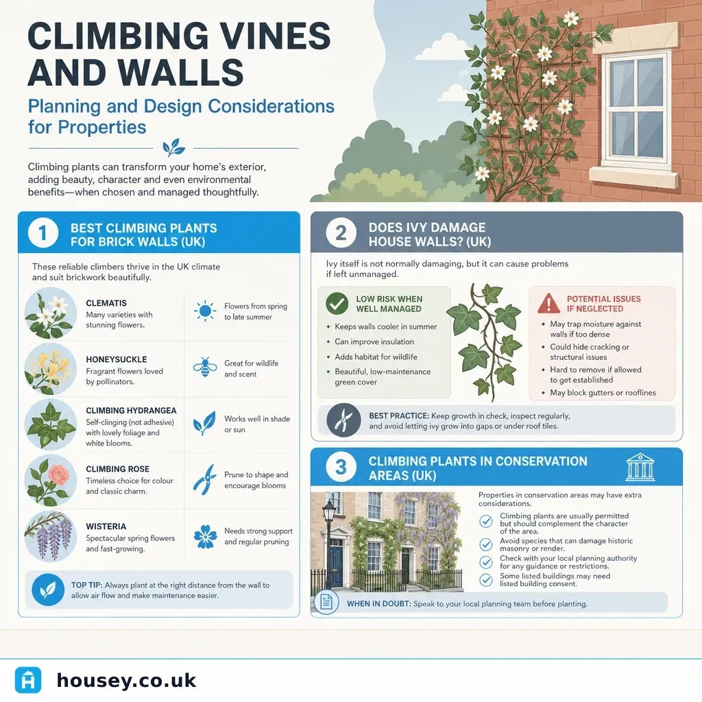 Infographic illustrating: Climbing Vines and Walls: Planning and Design Considerations for Properties