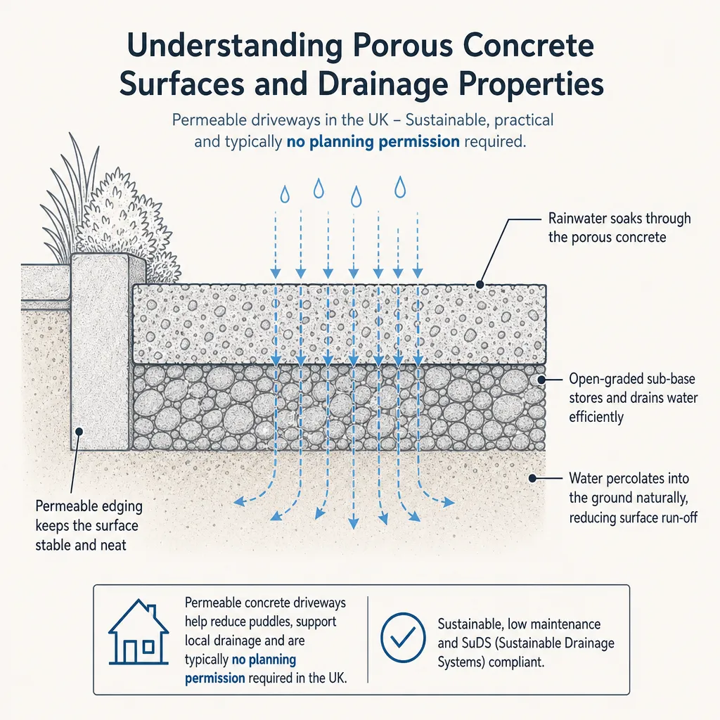 Diagram illustrating: Understanding Porous Concrete Surfaces and Drainage Properties