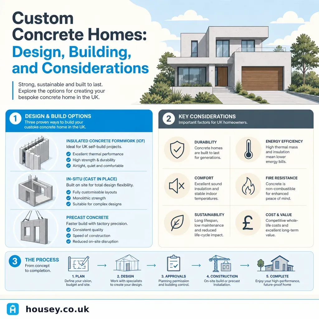Infographic illustrating: Custom Concrete Homes: Design, Building, and Considerations