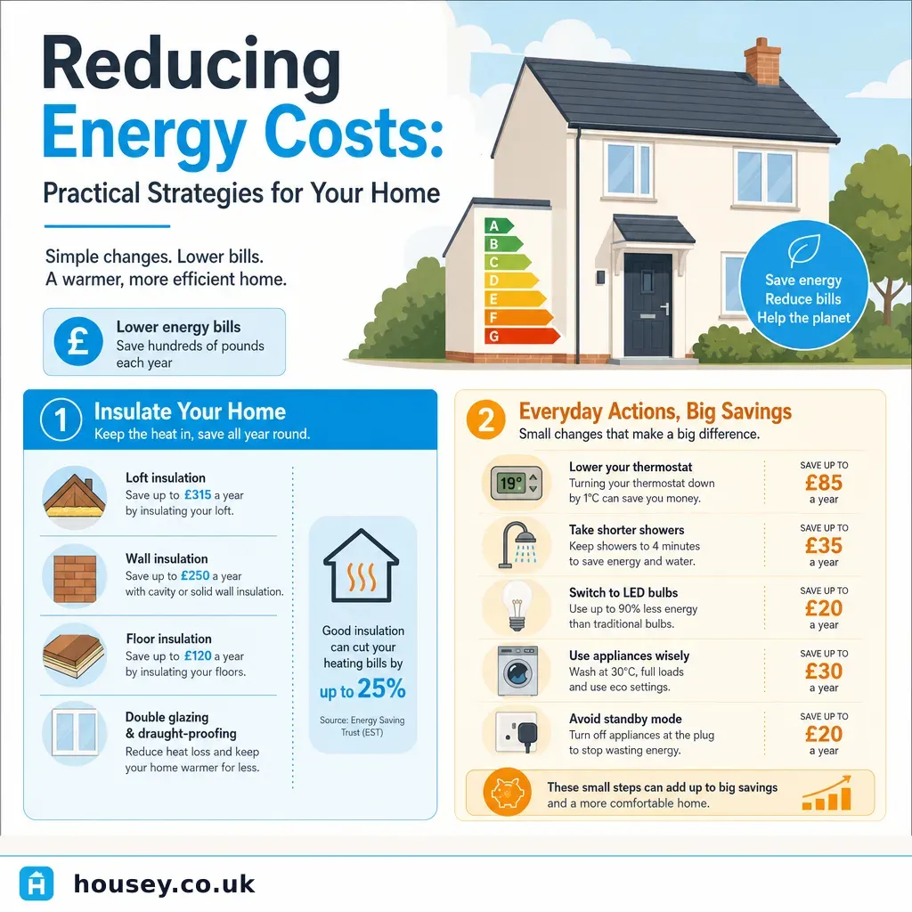 Infographic illustrating: Reducing Energy Costs: Practical Strategies for Your Home