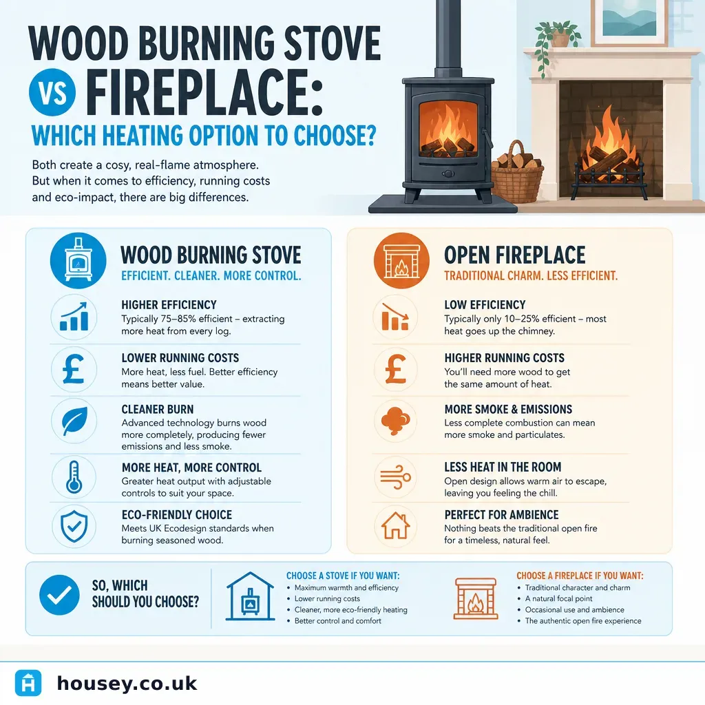 Infographic illustrating: Wood burning stove versus fireplace: which heating option to choose